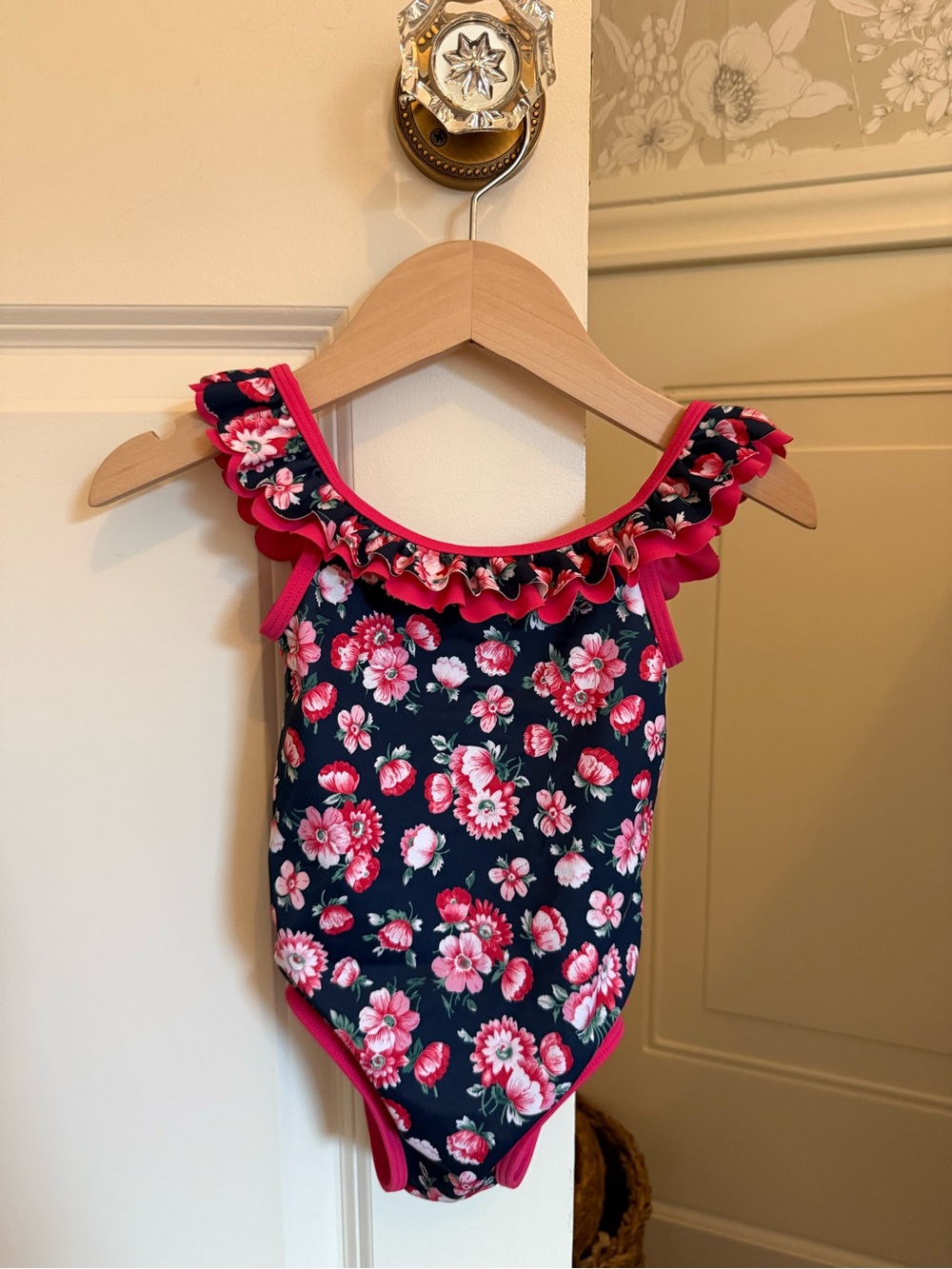 Janie and Jack Navy Floral Ruffle One-Piece with Pink Trim